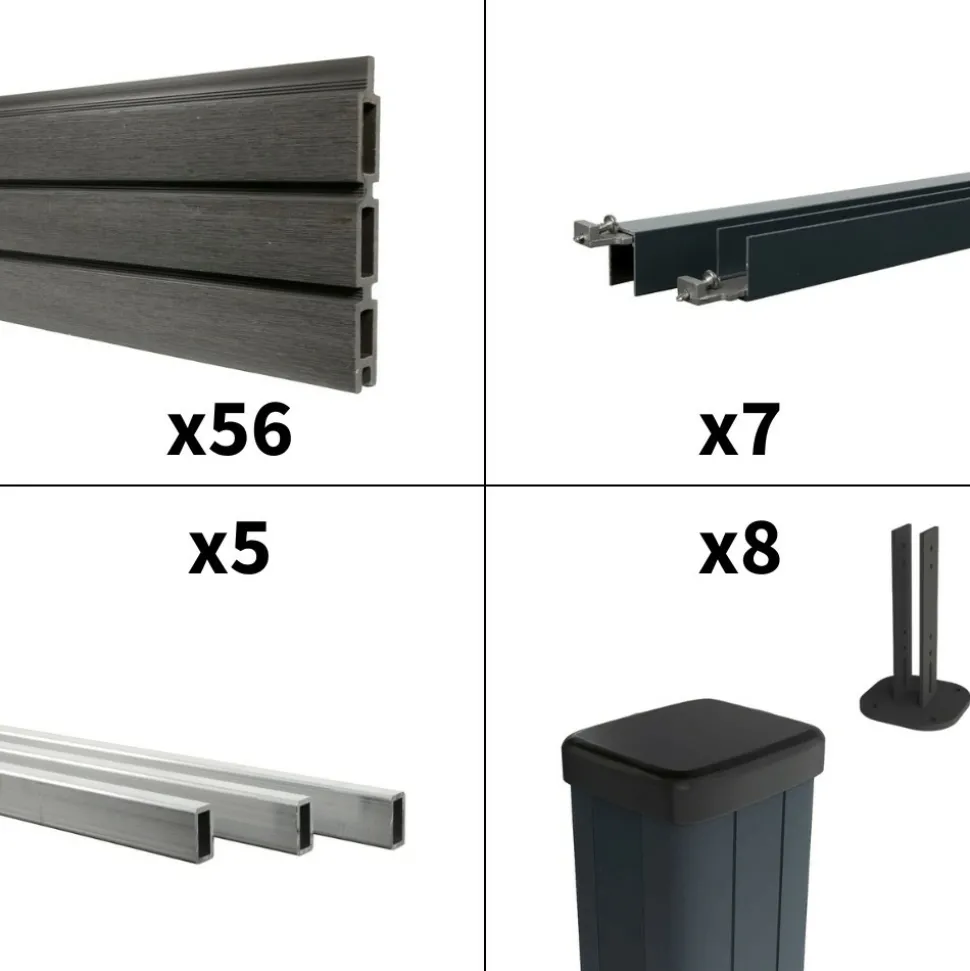 DECKLINEA - Kit clôture composite sur muret santos ardoise 13x1,8m - bois composite & aluminium - poteaux sur platines gris - brise vue