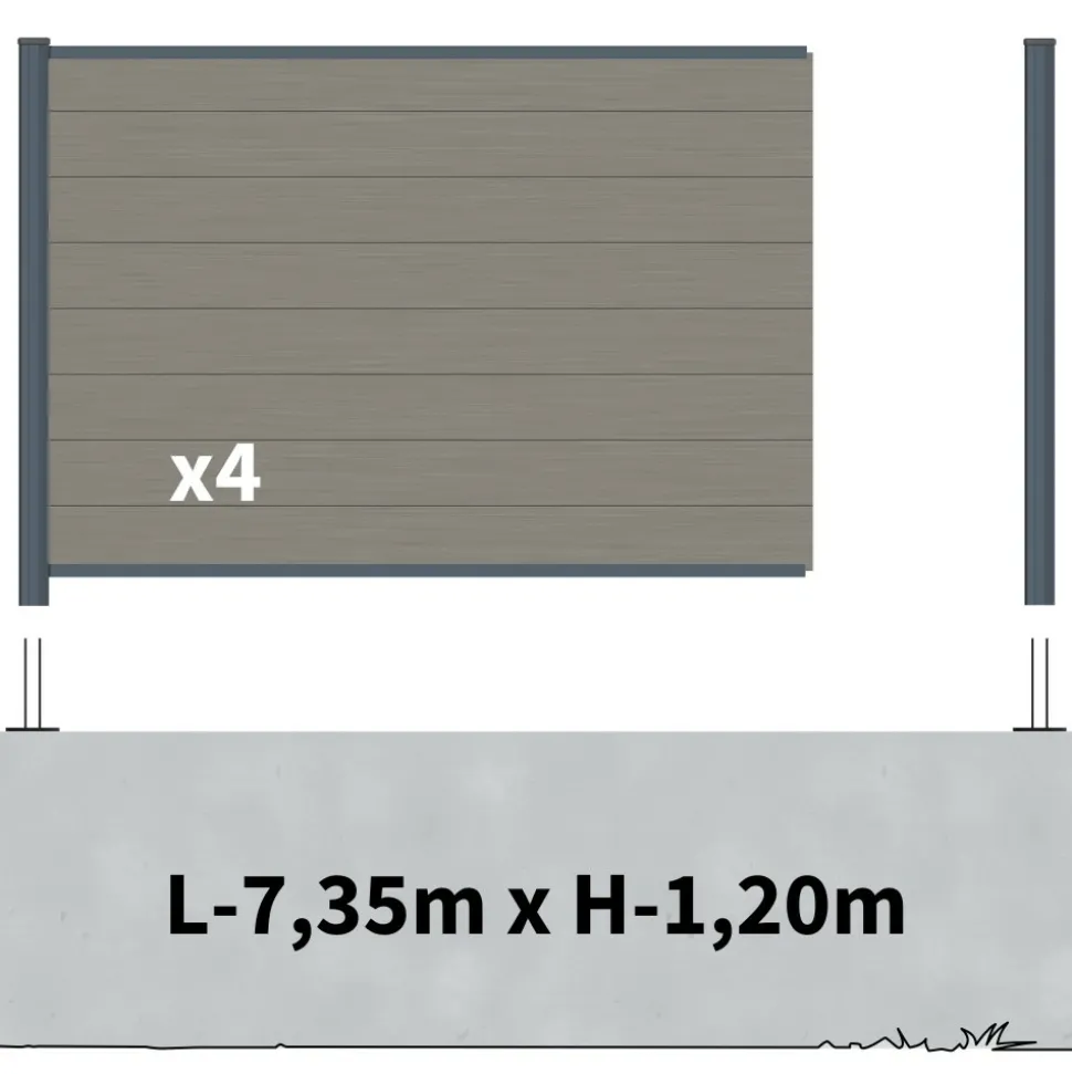 DECKLINEA - Kit clôture composite sur muret rio platine 7,5x1,8m - bois composite & aluminium - poteaux sur platines gris - brise vue