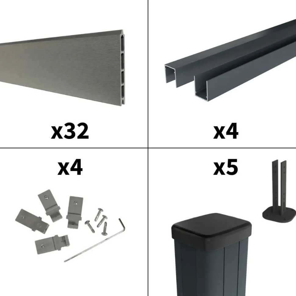 DECKLINEA - Kit clôture composite sur muret rio platine 7,5x1,8m - bois composite & aluminium - poteaux sur platines gris - brise vue