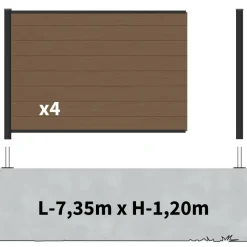 DECKLINEA - Kit clôture composite sur muret rio bronze 7,5x1,8m - bois composite & aluminium - poteaux sur platines noir - brise vue