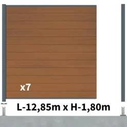 DECKLINEA - Kit clôture composite cruz teck 13x1,8m - bois composite & aluminium - poteaux sur platines gris - brise vue - palissade