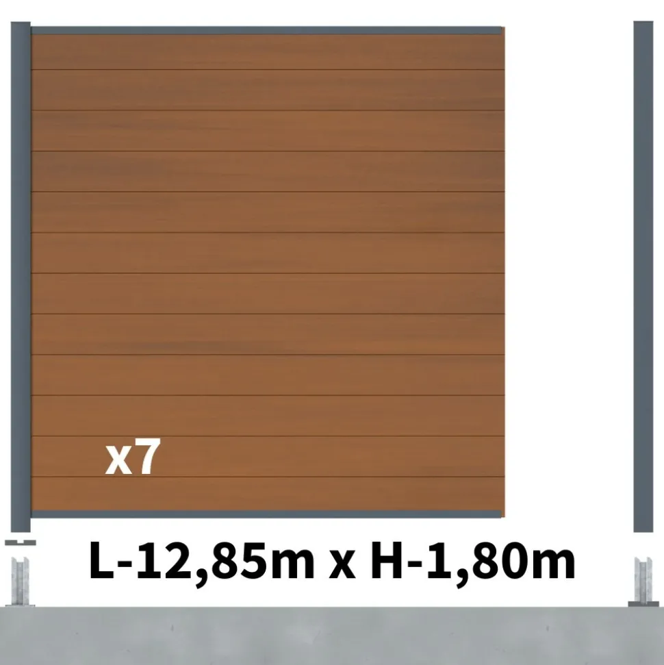 DECKLINEA - Kit clôture composite cruz teck 13x1,8m - bois composite & aluminium - poteaux sur platines gris - brise vue - palissade