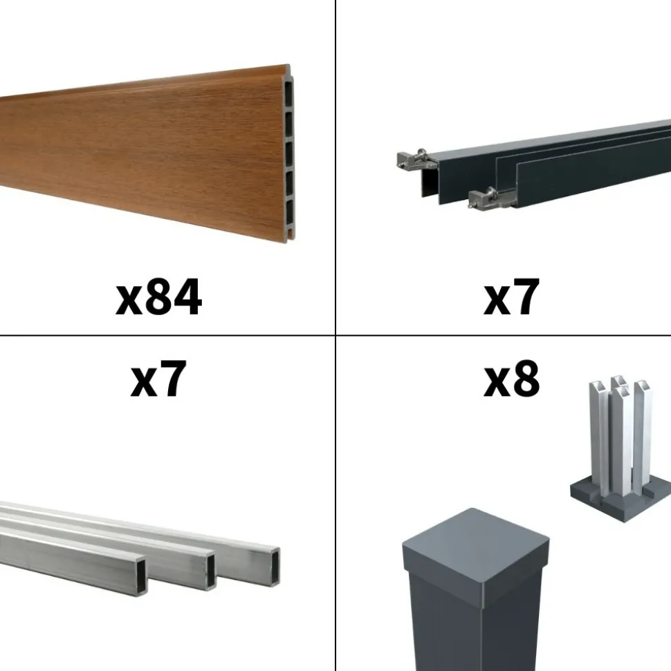 DECKLINEA - Kit clôture composite cruz teck 13x1,8m - bois composite & aluminium - poteaux sur platines gris - brise vue - palissade