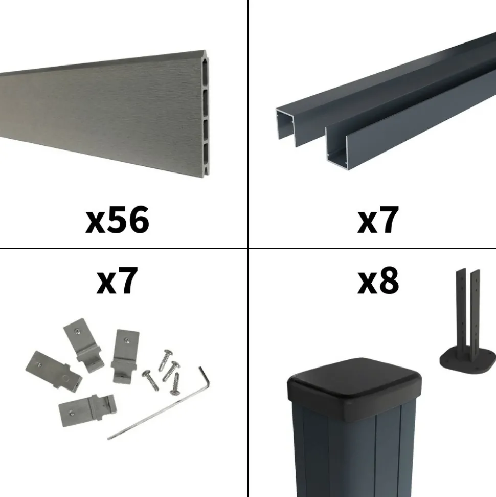 DECKLINEA - Kit clôture composite sur muret rio platine 13x1,8m - bois composite & aluminium - poteaux sur platines gris - brise vue