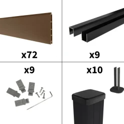 DECKLINEA - Kit clôture composite sur muret rio bronze 16,5x1,8m - bois composite & aluminium - poteaux sur platines noir - brise vue
