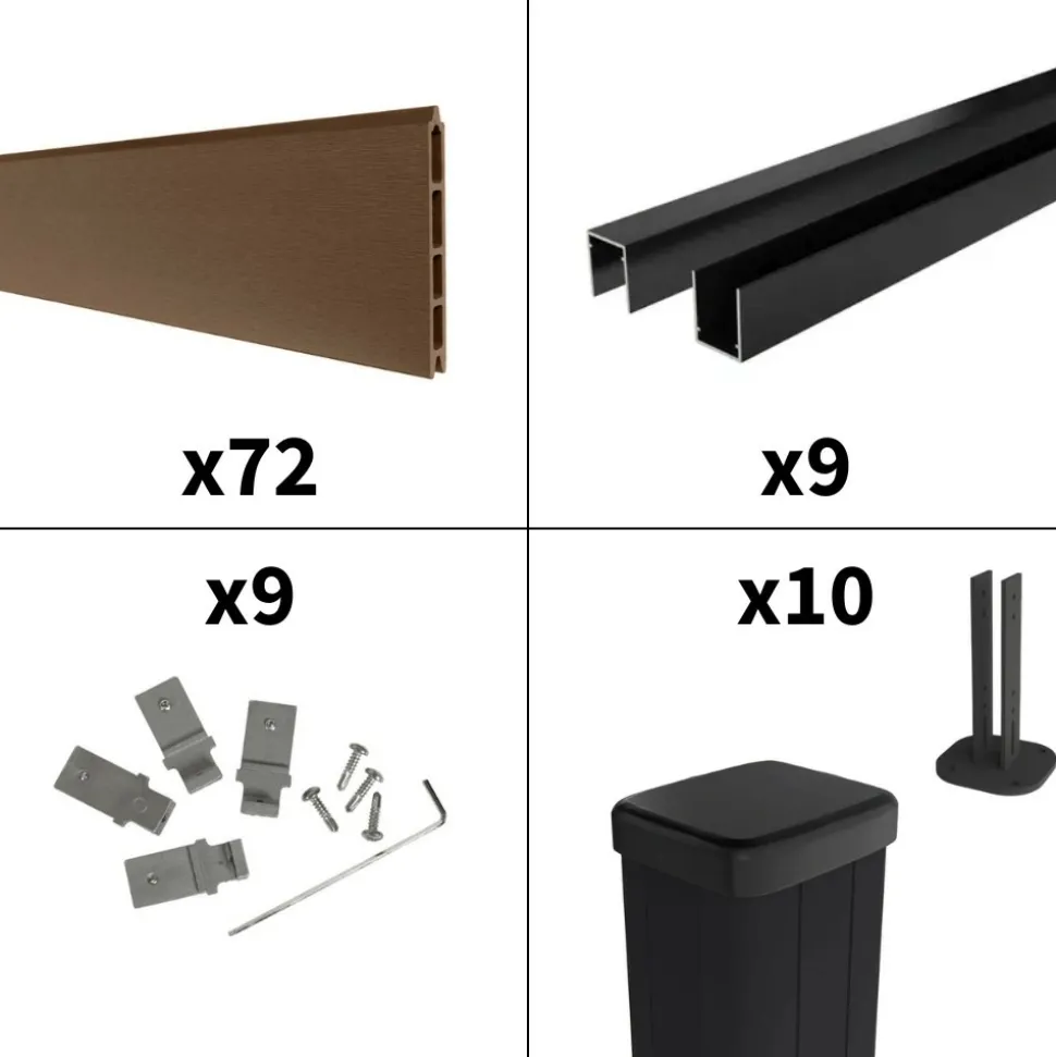 DECKLINEA - Kit clôture composite sur muret rio bronze 16,5x1,8m - bois composite & aluminium - poteaux sur platines noir - brise vue
