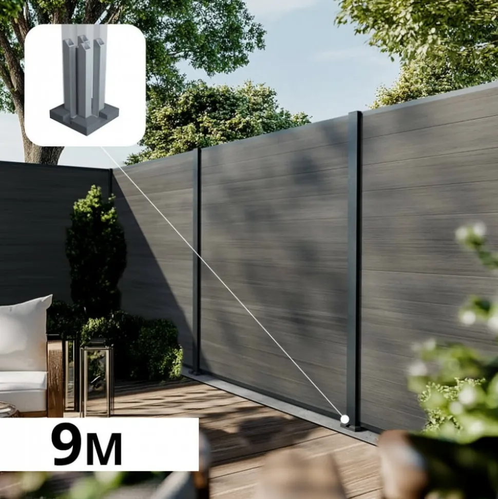 DECKLINEA - Kit clôture composite cruz ardoise 9x1,8m - bois composite & aluminium - poteaux sur platines gris - brise vue - palissade