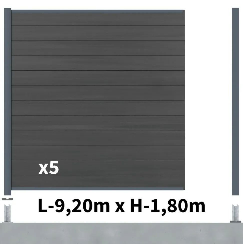 DECKLINEA - Kit clôture composite cruz ardoise 9x1,8m - bois composite & aluminium - poteaux sur platines gris - brise vue - palissade