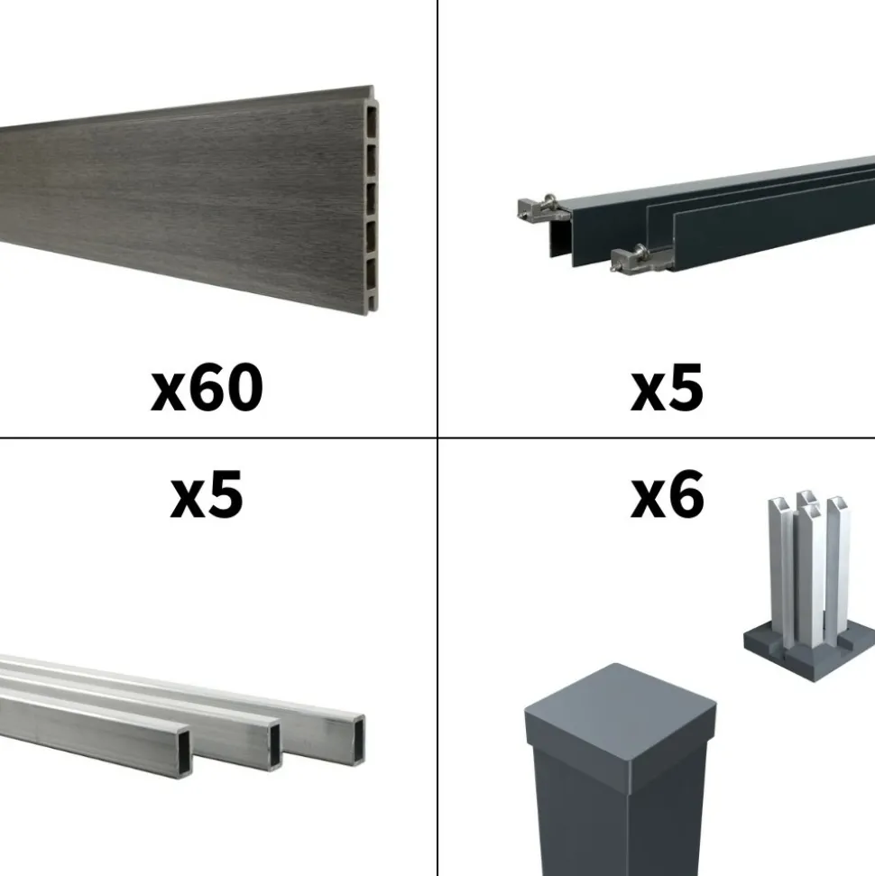 DECKLINEA - Kit clôture composite cruz ardoise 9x1,8m - bois composite & aluminium - poteaux sur platines gris - brise vue - palissade