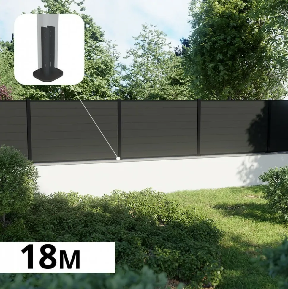 DECKLINEA - Kit clôture composite sur muret rio anthracite 18x1,8m - bois composite & aluminium - poteaux sur platines noir - brise vue