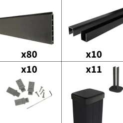 DECKLINEA - Kit clôture composite sur muret rio anthracite 18x1,8m - bois composite & aluminium - poteaux sur platines noir - brise vue