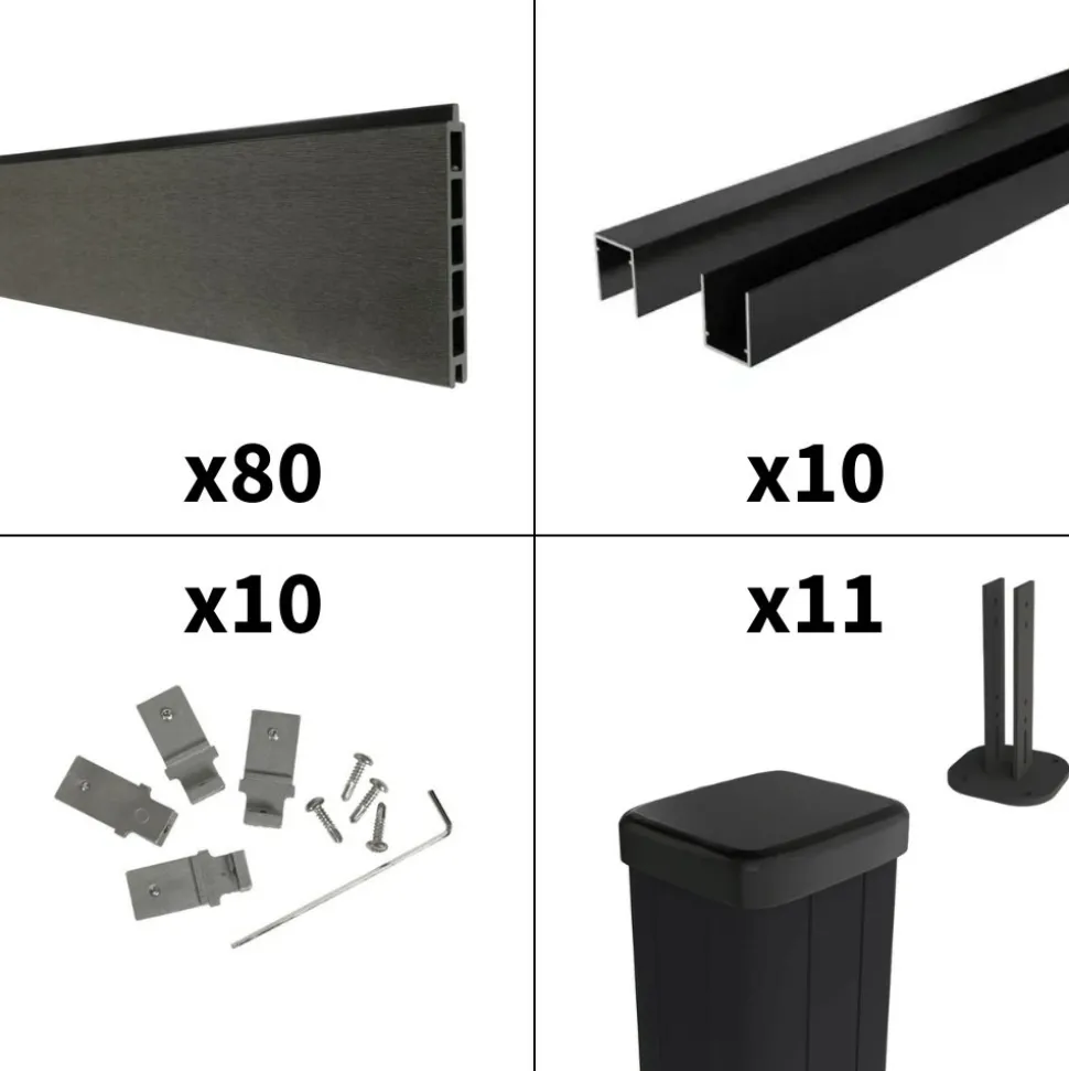 DECKLINEA - Kit clôture composite sur muret rio anthracite 18x1,8m - bois composite & aluminium - poteaux sur platines noir - brise vue