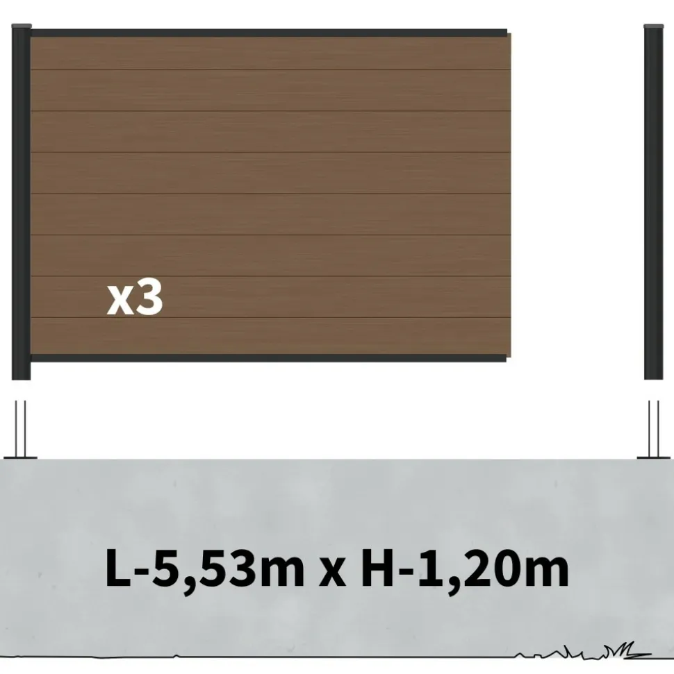 DECKLINEA - Kit clôture composite sur muret rio bronze 5,5x1,8m - bois composite & aluminium - poteaux sur platines noir - brise vue