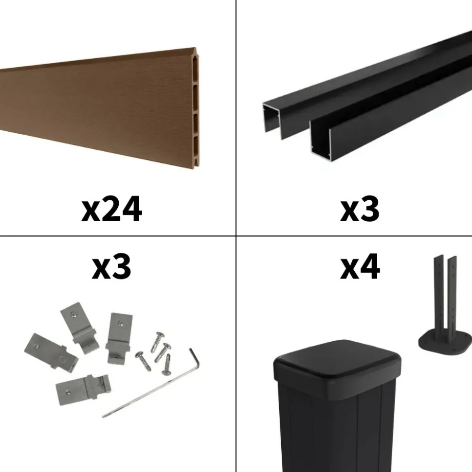 DECKLINEA - Kit clôture composite sur muret rio bronze 5,5x1,8m - bois composite & aluminium - poteaux sur platines noir - brise vue