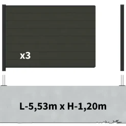 DECKLINEA - Kit clôture composite sur muret rio anthracite 5,5x1,8m - bois composite & aluminium - poteaux sur platines noir - brise vue
