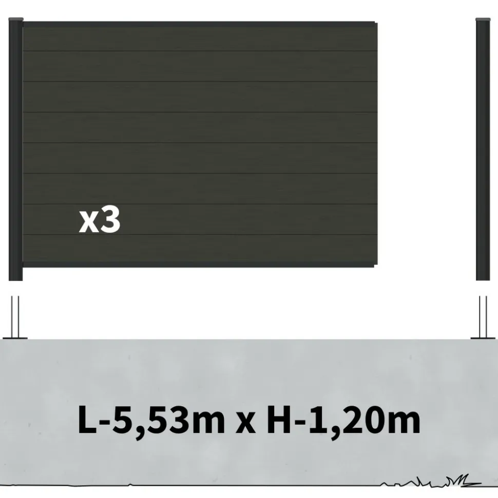DECKLINEA - Kit clôture composite sur muret rio anthracite 5,5x1,8m - bois composite & aluminium - poteaux sur platines noir - brise vue