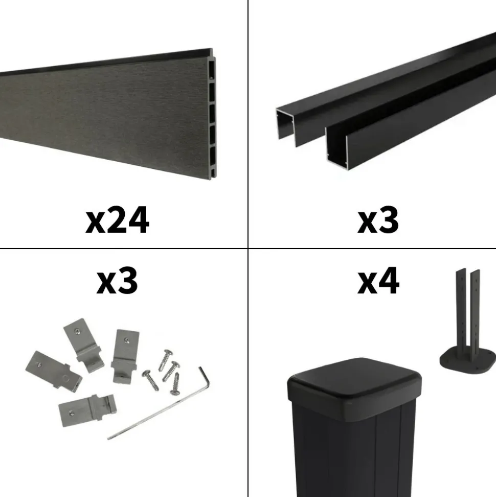 DECKLINEA - Kit clôture composite sur muret rio anthracite 5,5x1,8m - bois composite & aluminium - poteaux sur platines noir - brise vue