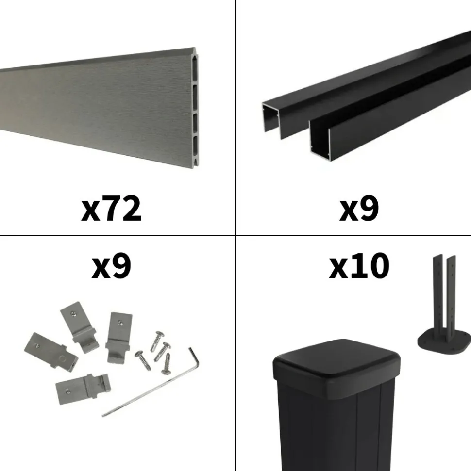 DECKLINEA - Kit clôture composite sur muret rio platine 16,5x1,8m - bois composite & aluminium - poteaux sur platines noir - brise vue