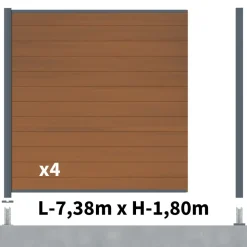 DECKLINEA - Kit clôture composite cruz teck 7,5x1,8m - bois composite & aluminium - poteaux sur platines gris - brise vue - palissade
