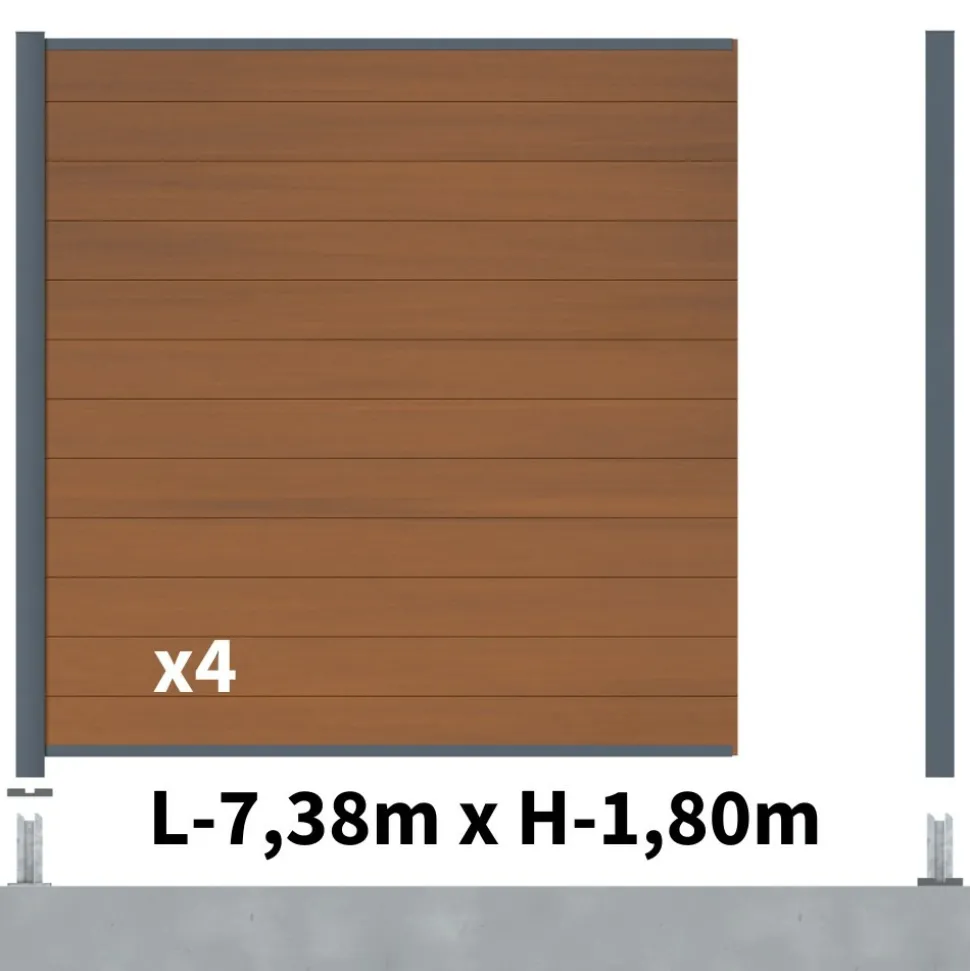 DECKLINEA - Kit clôture composite cruz teck 7,5x1,8m - bois composite & aluminium - poteaux sur platines gris - brise vue - palissade