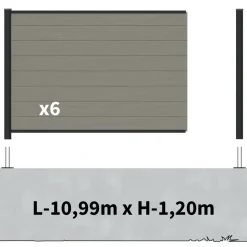 DECKLINEA - Kit clôture composite sur muret rio platine 11x1,8m - bois composite & aluminium - poteaux sur platines noir - brise vue