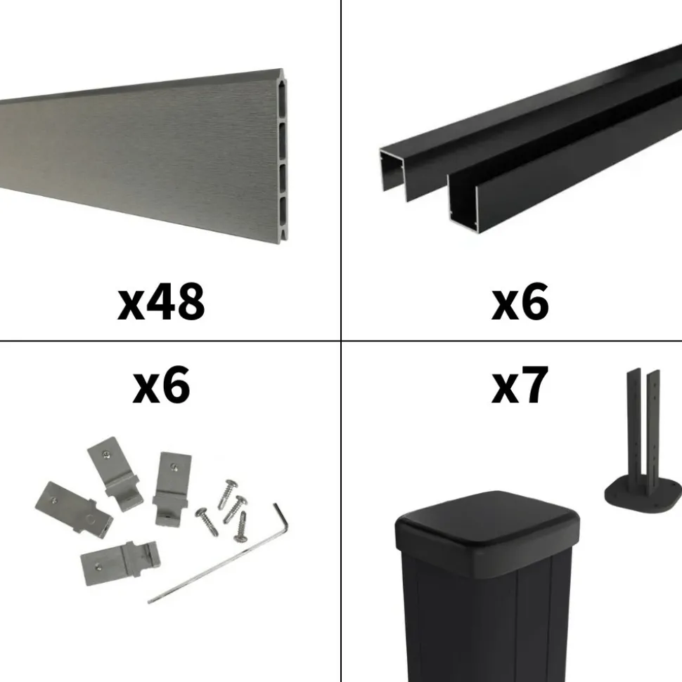 DECKLINEA - Kit clôture composite sur muret rio platine 11x1,8m - bois composite & aluminium - poteaux sur platines noir - brise vue