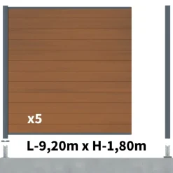 DECKLINEA - Kit clôture composite cruz teck 9x1,8m - bois composite & aluminium - poteaux sur platines gris - brise vue - palissade