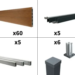 DECKLINEA - Kit clôture composite cruz teck 9x1,8m - bois composite & aluminium - poteaux sur platines gris - brise vue - palissade