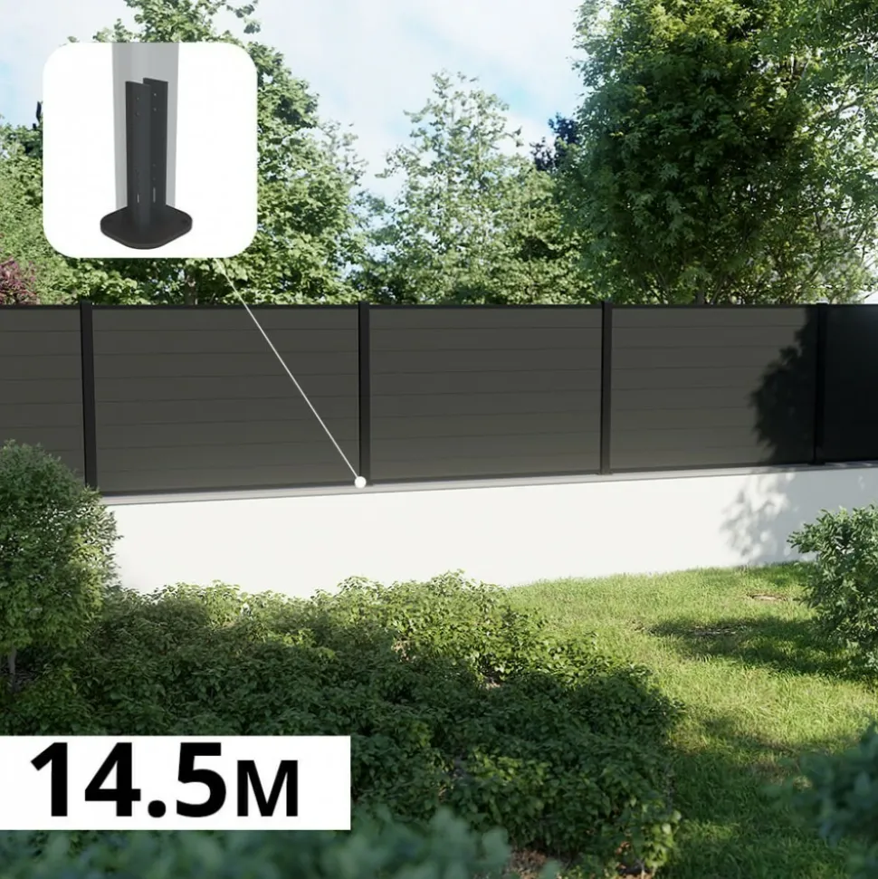 DECKLINEA - Kit clôture composite sur muret rio anthracite 14,5x1,8m - bois composite & aluminium - poteaux sur platines noir - brise vue