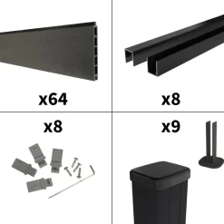 DECKLINEA - Kit clôture composite sur muret rio anthracite 14,5x1,8m - bois composite & aluminium - poteaux sur platines noir - brise vue