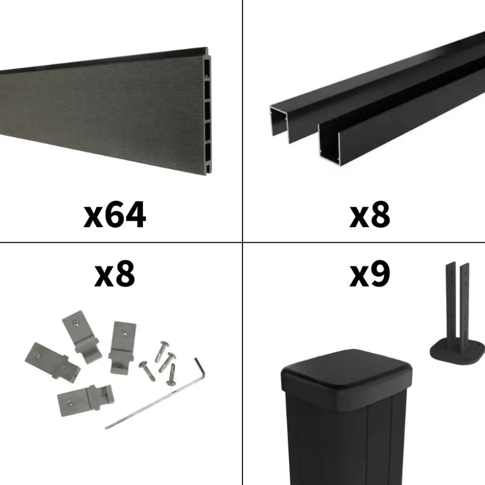 DECKLINEA - Kit clôture composite sur muret rio anthracite 14,5x1,8m - bois composite & aluminium - poteaux sur platines noir - brise vue
