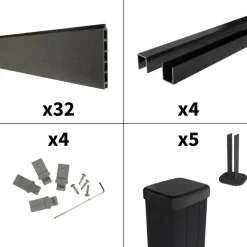 DECKLINEA - Kit clôture composite sur muret rio anthracite 7,5x1,8m - bois composite & aluminium - poteaux sur platines noir - brise vue