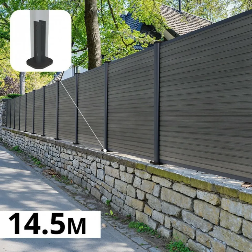 DECKLINEA - Kit clôture composite sur muret santos ardoise 14,5x1,8m - bois composite & aluminium - poteaux sur platines gris - brise vue