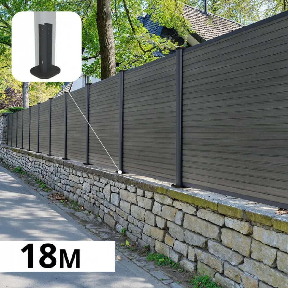 DECKLINEA - Kit clôture composite sur muret santos ardoise 18x1,8m - bois composite & aluminium - poteaux sur platines gris - brise vue