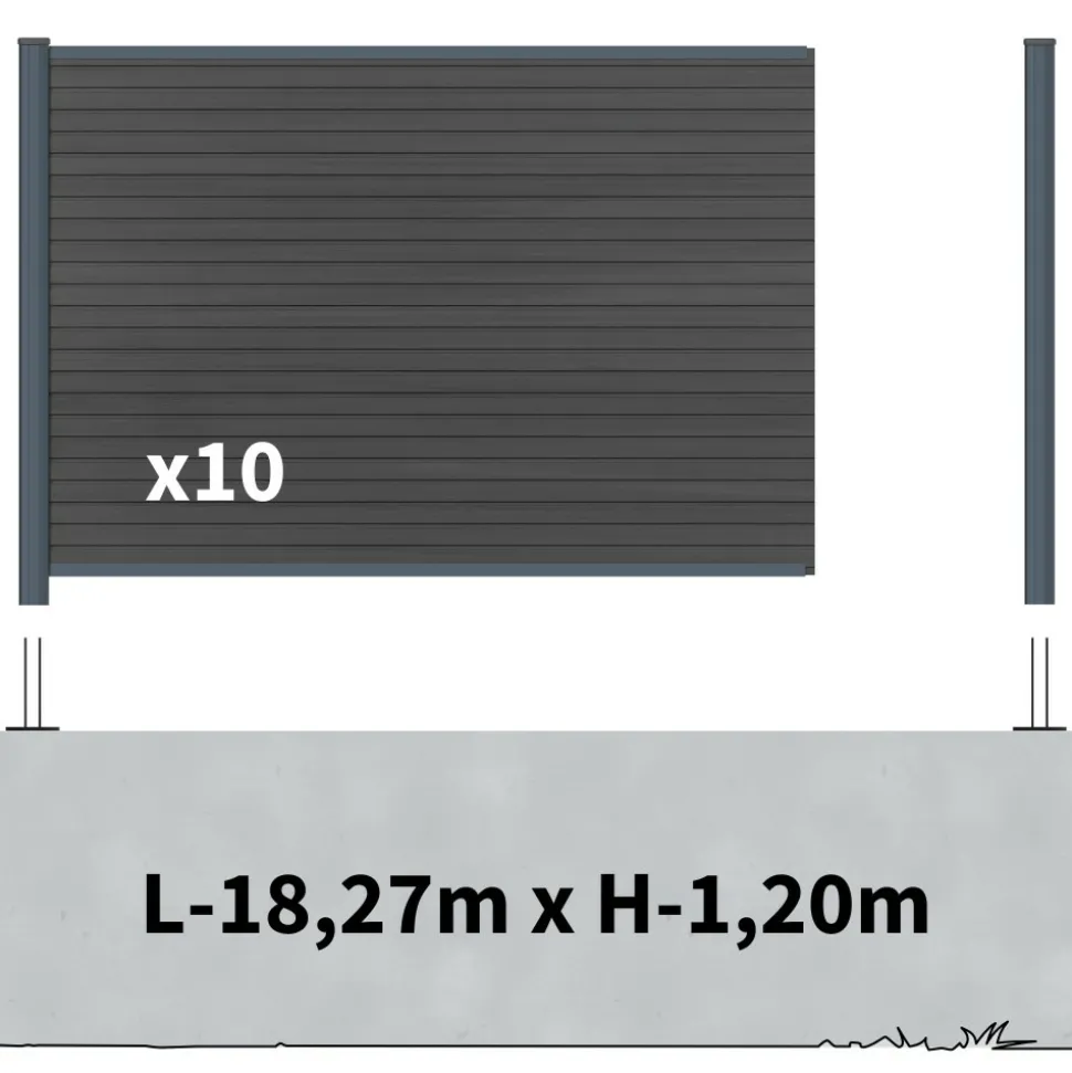 DECKLINEA - Kit clôture composite sur muret santos ardoise 18x1,8m - bois composite & aluminium - poteaux sur platines gris - brise vue