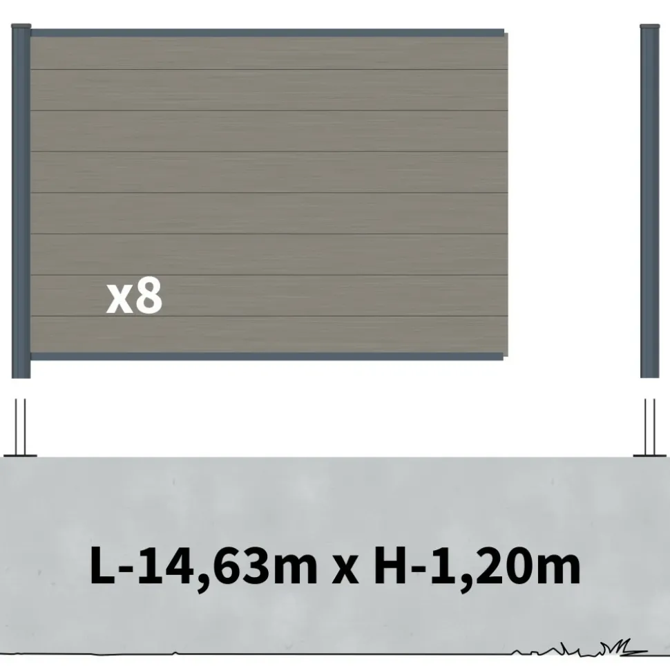 DECKLINEA - Kit clôture composite sur muret rio platine 14,5x1,8m - bois composite & aluminium - poteaux sur platines gris - brise vue
