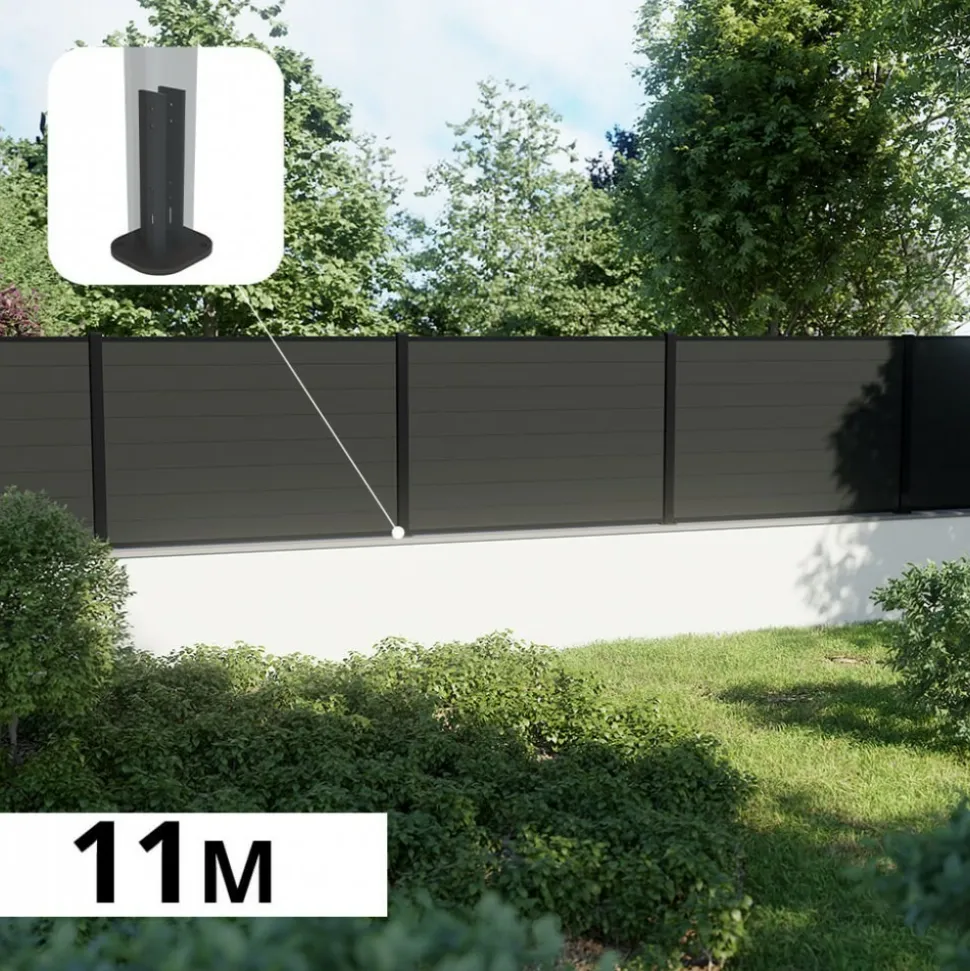 DECKLINEA - Kit clôture composite sur muret rio anthracite 11x1,8m - bois composite & aluminium - poteaux sur platines noir - brise vue