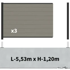DECKLINEA - Kit clôture composite sur muret rio platine 5,5x1,8m - bois composite & aluminium - poteaux sur platines noir - brise vue