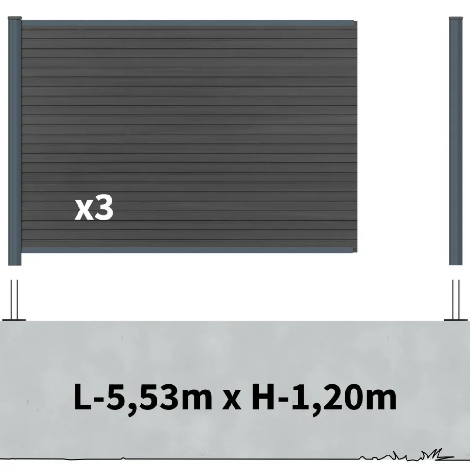 DECKLINEA - Kit clôture composite sur muret santos ardoise 5,5x1,8m - bois composite & aluminium - poteaux sur platines gris - brise vue