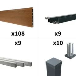 DECKLINEA - Kit clôture composite cruz teck 16,5x1,8m - bois composite & aluminium - poteaux sur platines gris - brise vue - palissade
