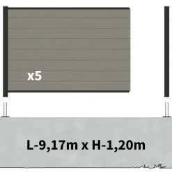DECKLINEA - Kit clôture composite sur muret rio platine 9x1,8m - bois composite & aluminium - poteaux sur platines noir - brise vue