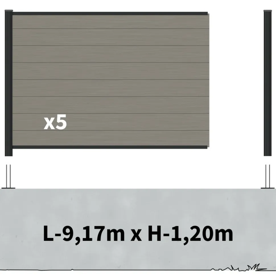 DECKLINEA - Kit clôture composite sur muret rio platine 9x1,8m - bois composite & aluminium - poteaux sur platines noir - brise vue