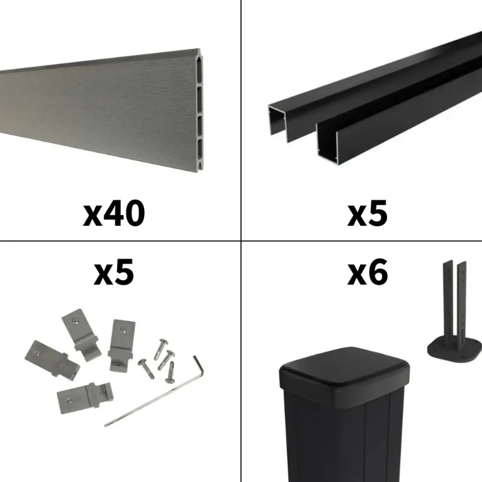 DECKLINEA - Kit clôture composite sur muret rio platine 9x1,8m - bois composite & aluminium - poteaux sur platines noir - brise vue