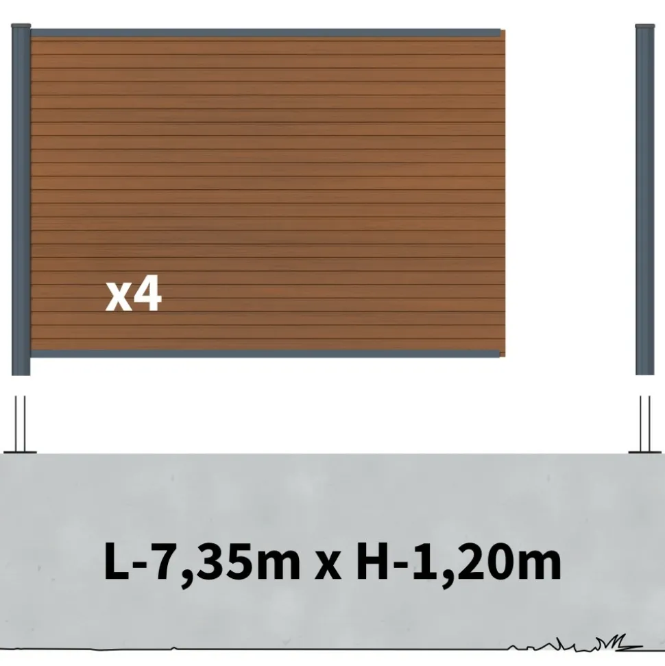 DECKLINEA - Kit clôture composite sur muret santos teck 7,5x1,8m - bois composite & aluminium - poteaux sur platines gris - brise vue