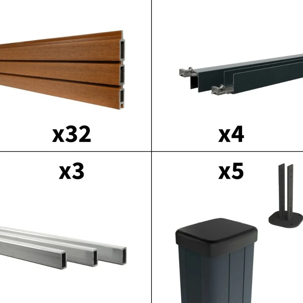 DECKLINEA - Kit clôture composite sur muret santos teck 7,5x1,8m - bois composite & aluminium - poteaux sur platines gris - brise vue