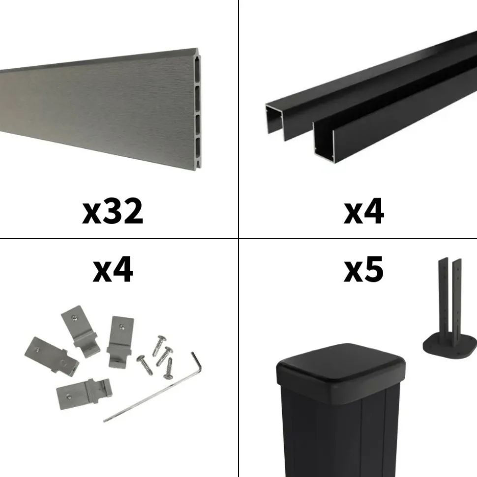 DECKLINEA - Kit clôture composite sur muret rio platine 7,5x1,8m - bois composite & aluminium - poteaux sur platines noir - brise vue