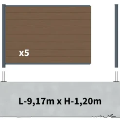 DECKLINEA - Kit clôture composite sur muret rio bronze 9x1,8m - bois composite & aluminium - poteaux sur platines gris - brise vue