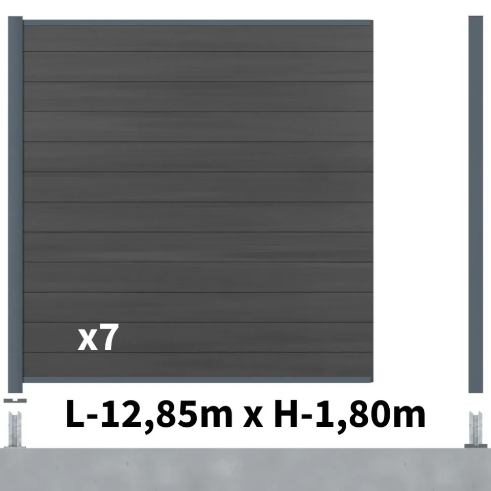 DECKLINEA - Kit clôture composite cruz ardoise 13x1,8m - bois composite & aluminium - poteaux sur platines gris - brise vue - palissade