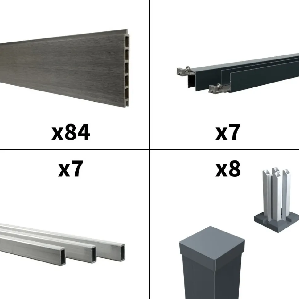DECKLINEA - Kit clôture composite cruz ardoise 13x1,8m - bois composite & aluminium - poteaux sur platines gris - brise vue - palissade