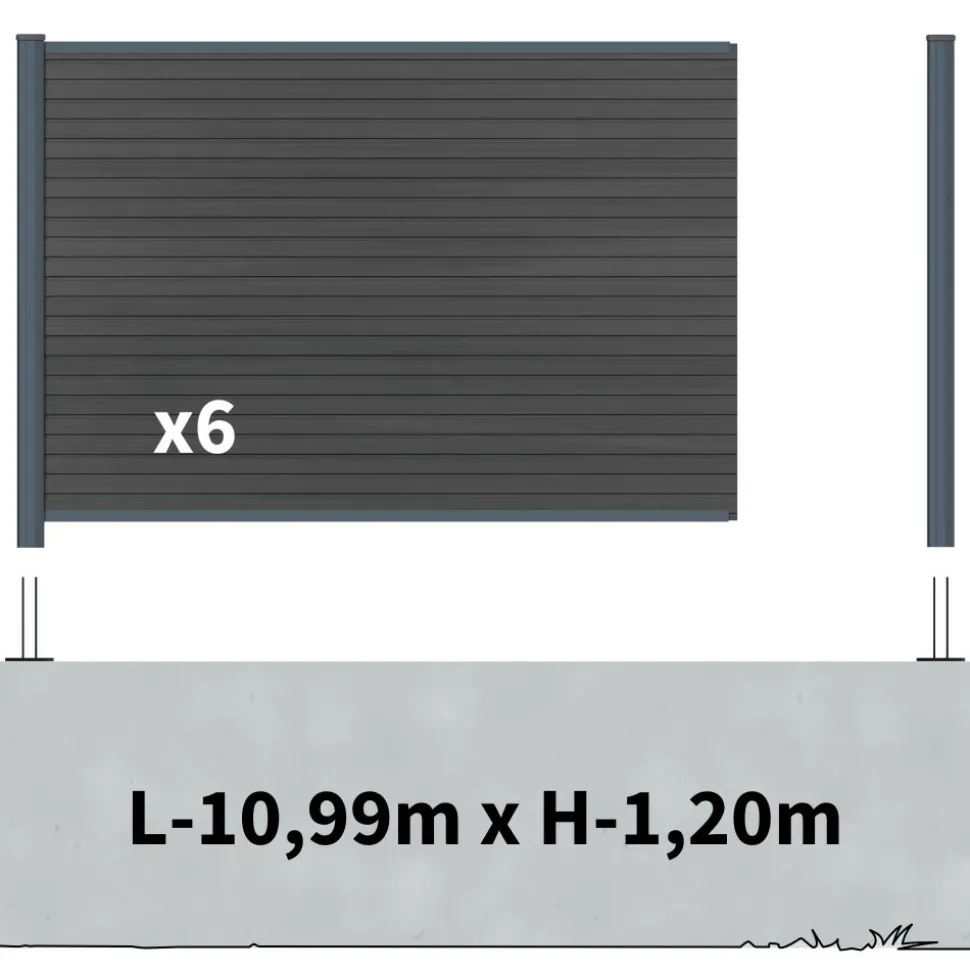 DECKLINEA - Kit clôture composite sur muret santos ardoise 11x1,8m - bois composite & aluminium - poteaux sur platines gris - brise vue